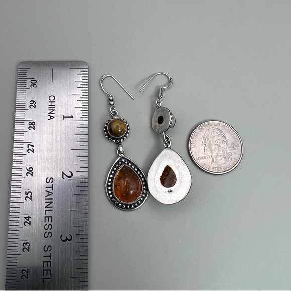 New Tigers Eye Gemstone with Sim Amber Silver Overlay Earrings - Picture 3 of 6